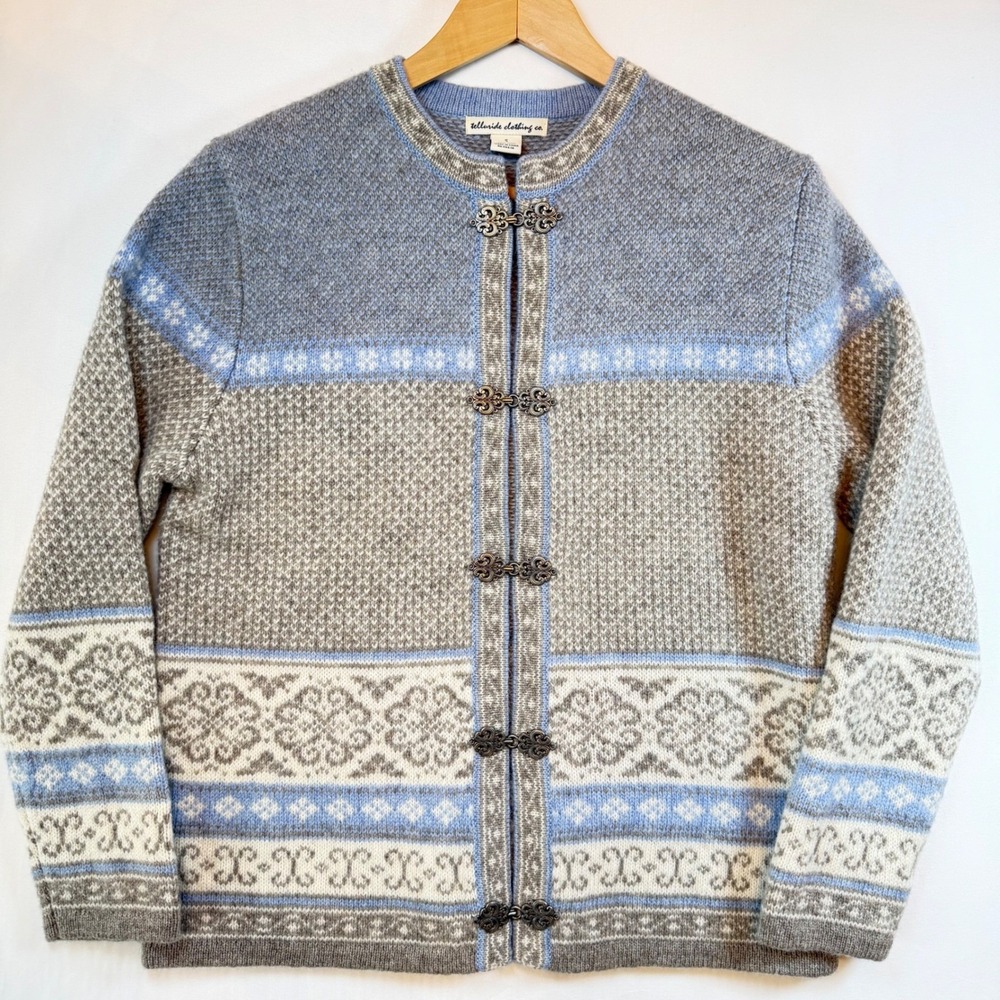 Telluride Clothing Co Wool Cardigan Sweater Small Blue Grey Nordic Fair Clasps